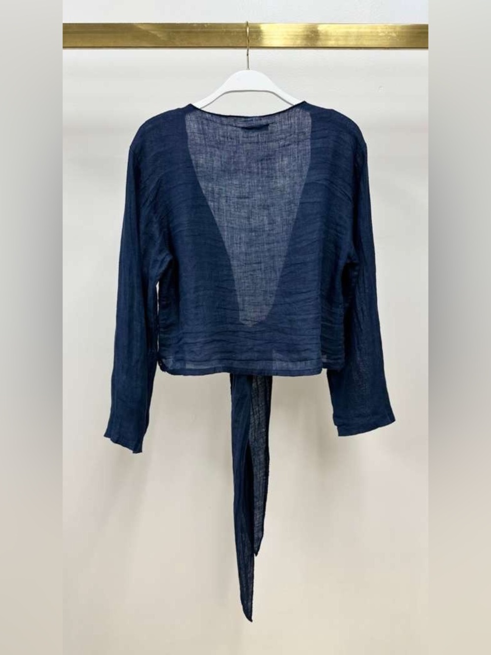 (113108-NAVY) LINEN LONG SLEEVE TIE TOP - Picture 2 of 6